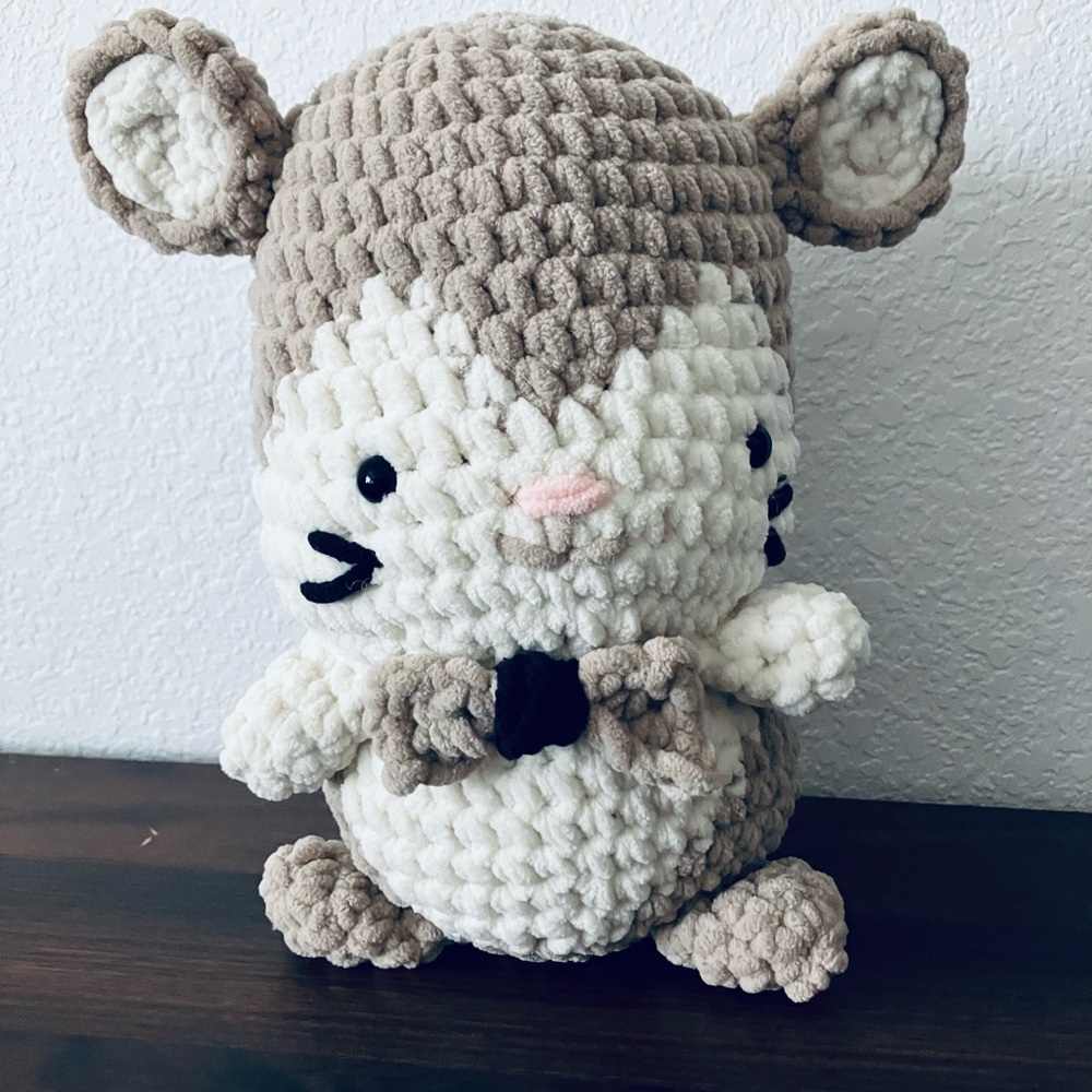 Crochet Hamster Plushie with Bow Tie, Stuffed Toy, Amigurumi Desk Buddy, Gift